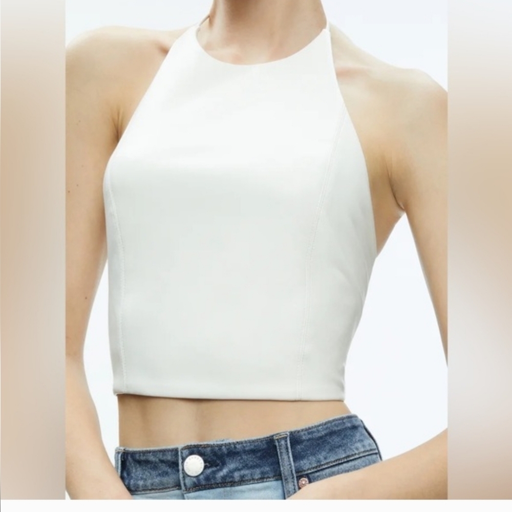 Alice + Olivia Jaimee Vegan Leather Cropped Halter Top White Size 14
